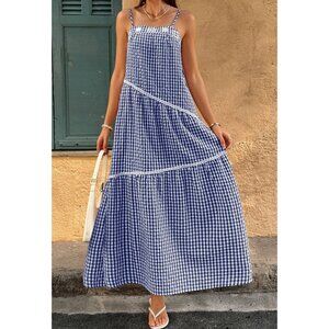 Gingham Plaid Navy & White A-Line Dress Sleeveless Summer to Fall Styled W/Strap